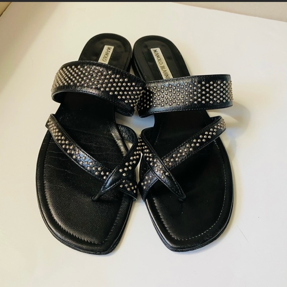 SOLD  Manolo Blahnik Susa Black Sandals Flats 38 - Picture 6 of 9